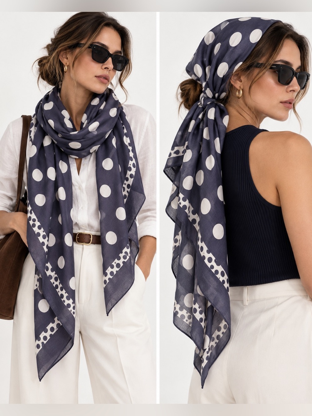 LOFT Navy White Polka Dot Silk Blend Square Scarf Wrap 50”x50”
